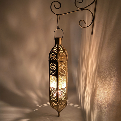Wall Hanging Lantern – Arabic Gold Metal Candle Holder for Home Decor | Ramadan, Eid & Diwali Fanoos | Moroccan Style Lanterns for Wall & Outdoor – Vintage Metal & Glass Candle Sconce