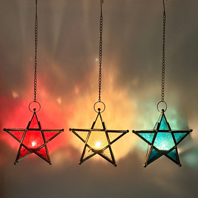 Lantern Set of 3 – Star Metal Lanterns Fanoos Candle Lantern for Eid & Diwali Gift, Majlis Hanging Moroccan Lantern Decoration, Arabic Style Ramadan Decorative Lights 20x20 cm WRB