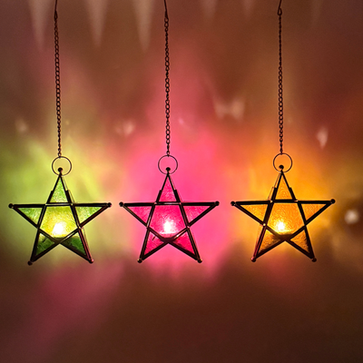 Lantern Set of 3 – Star Metal Lanterns Fanoos Candle Lantern for Eid & Diwali Gift, Majlis Hanging Moroccan Lantern Decoration, Arabic Style Ramadan Decorative Lights 20x20 cm GYP