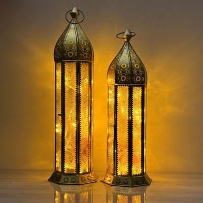Set of 2 Moroccan Ramadan Lanterns Hexa Shape – Gold Metal & Frosted Embossed Glass Fanoos, Arabic Candle Holder Lanterns for Eid, Indoor & Outdoor Décor Lantern in Large & Small Sizes