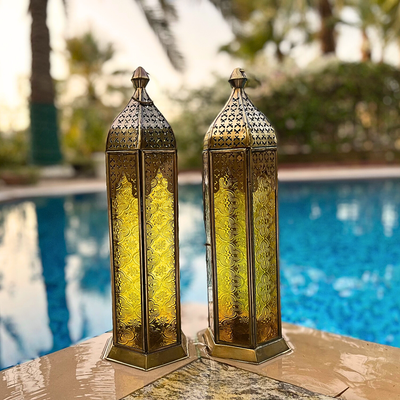 Lantern for Decor – Arabic Fanoos Style Ramadan Lantern, Large Candle Holder for Majlis, Balcony & Outdoor Home Decoration Golden Metal Yellow Glass Moroccan Candle Holder 1 pc Yellow