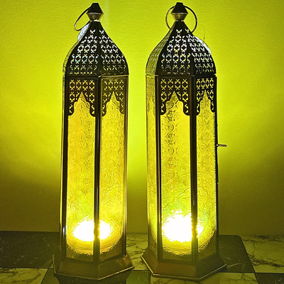 Lantern for Decor – Arabic Fanoos Style Ramadan Lantern, Large Candle Holder for Majlis, Balcony & Outdoor Home Decoration Golden Metal Yellow Glass Moroccan Candle Holder 1 pc Yellow