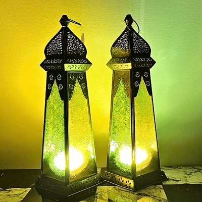 Ramadan Lantern - Large fanoos Arabic Moroccan Lanterns for Indoor & Outdoor Hanging Gold Tealight Candle Holder Home Décor Metal Lanterns for Garden Floor 1 pc (Green Yellow)