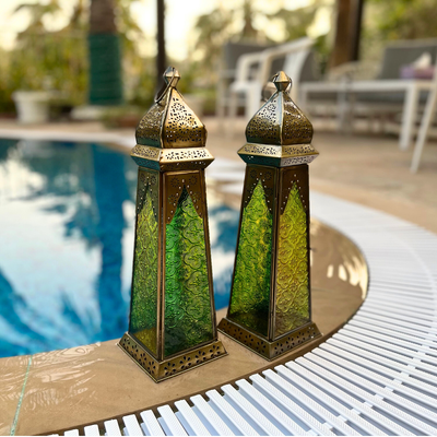 Ramadan Lantern - Large fanoos Arabic Moroccan Lanterns for Indoor & Outdoor Hanging Gold Tealight Candle Holder Home Décor Metal Lanterns for Garden Floor 1 pc (Green Yellow)