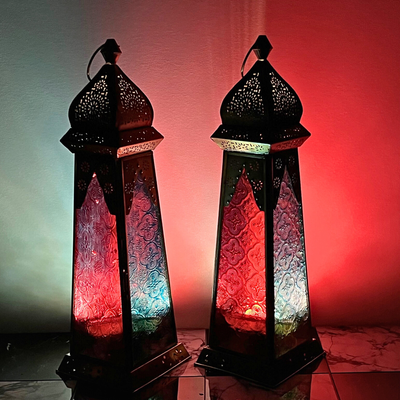 Ramadan Lantern - Large fanoos Arabic Moroccan Lanterns for Indoor & Outdoor Hanging Gold Tealight Candle Holder Home Décor Metal Lanterns for Garden Floor 1 pc (Red Blue)