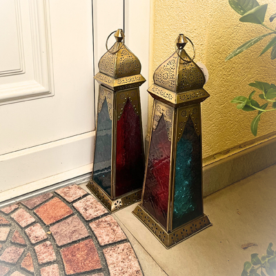 Ramadan Lantern - Large fanoos Arabic Moroccan Lanterns for Indoor & Outdoor Hanging Gold Tealight Candle Holder Home Décor Metal Lanterns for Garden Floor 1 pc (Red Blue)