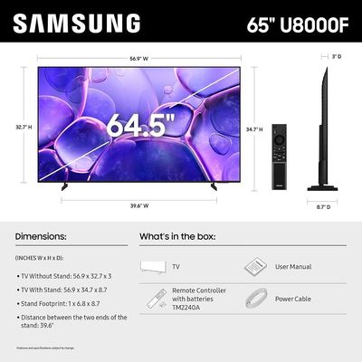 Samsung 65-Inch 4K Ultra HD, Smart Crystal LED TV, UA65U8000FUXZN, Black - 1 Year Warranty