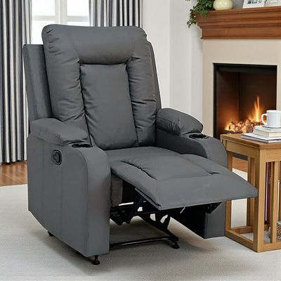 SBF Single Seater PU Leather Manual Recliner with Cup Holders - Modern Design, Ultimate Comfort, One-Seat Relaxing Chair, Ideal for Living Room and Home Relaxation Experience (Grey)