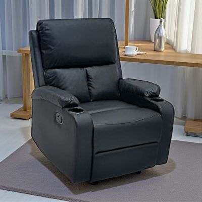 SBF Single Seater PU Leather Manual Recliner with Cup Holders - Modern Design, Ultimate Comfort, One-Seat Relaxing Chair, Ideal Living Room Furniture For Home Relaxation Experience, Black