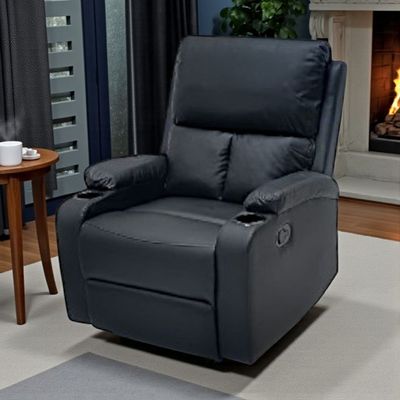 SBF Single Seater PU Leather Manual Recliner with Cup Holders - Modern Design, Ultimate Comfort, One-Seat Relaxing Chair, Ideal Living Room Furniture For Home Relaxation Experience, Black