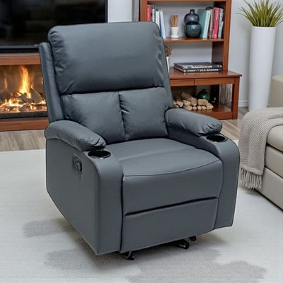 SBF Single Seater PU Leather Manual Recliner with Cup Holders - Modern Design, Ultimate Comfort, One-Seat Relaxing Chair, Ideal Living Room Furniture For Home Relaxation Experience, Grey