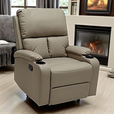 SBF Single Seater PU Leather Manual Recliner with Cup Holders - Modern Design, Ultimate Comfort, One-Seat Relaxing Chair, Ideal Living Room Furniture For Home Relaxation Experience, Beige