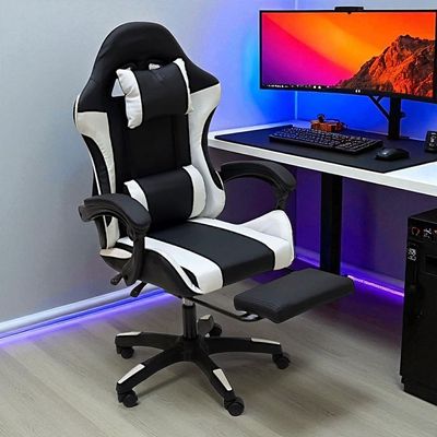 SBF Gaming Chair with Footrest – High Back PU Leather Ergonomic Office Desk Chair with Adjustable Height, Reclining Backrest, Headrest & Lumbar Support – Swivel Computer Gaming Chair, White Black