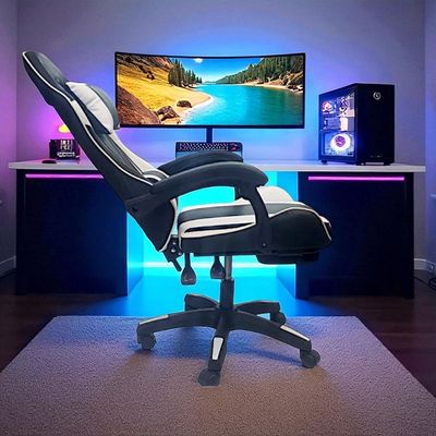 SBF Gaming Chair with Footrest – High Back PU Leather Ergonomic Office Desk Chair with Adjustable Height, Reclining Backrest, Headrest & Lumbar Support – Swivel Computer Gaming Chair, White Black