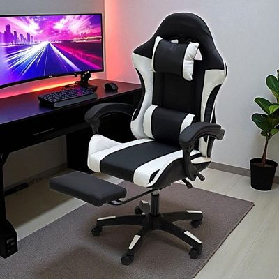 SBF Gaming Chair with Footrest – High Back PU Leather Ergonomic Office Desk Chair with Adjustable Height, Reclining Backrest, Headrest & Lumbar Support – Swivel Computer Gaming Chair, White Black