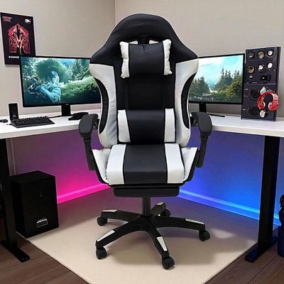 SBF Gaming Chair with Footrest – High Back PU Leather Ergonomic Office Desk Chair with Adjustable Height, Reclining Backrest, Headrest & Lumbar Support – Swivel Computer Gaming Chair, White Black
