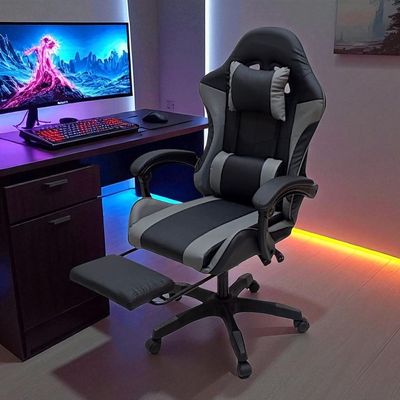 SBF Gaming Chair with Footrest – High Back PU Leather Ergonomic Office Desk Chair with Adjustable Height, Reclining Backrest, Headrest & Lumbar Support – Swivel Computer Gaming Chair, Grey Black