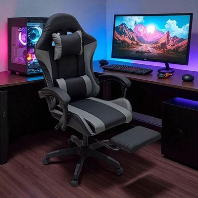 SBF Gaming Chair with Footrest – High Back PU Leather Ergonomic Office Desk Chair with Adjustable Height, Reclining Backrest, Headrest & Lumbar Support – Swivel Computer Gaming Chair, Grey Black