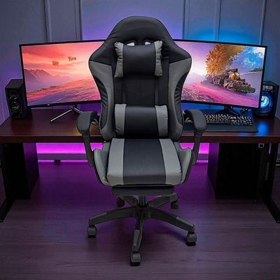 SBF Gaming Chair with Footrest – High Back PU Leather Ergonomic Office Desk Chair with Adjustable Height, Reclining Backrest, Headrest & Lumbar Support – Swivel Computer Gaming Chair, Grey Black