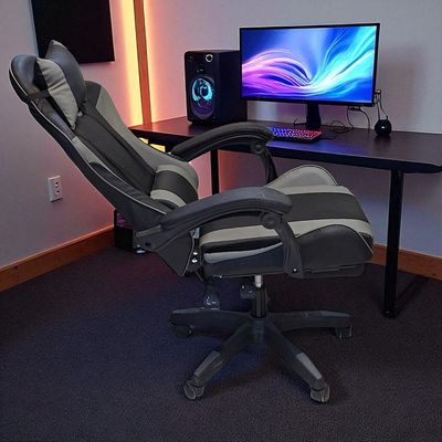 SBF Gaming Chair with Footrest – High Back PU Leather Ergonomic Office Desk Chair with Adjustable Height, Reclining Backrest, Headrest & Lumbar Support – Swivel Computer Gaming Chair, Grey Black