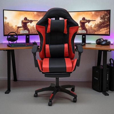 SBF Gaming Chair with Footrest – High Back PU Leather Ergonomic Office Desk Chair with Adjustable Height, Reclining Backrest, Headrest & Lumbar Support – Swivel Computer Gaming Chair, Red Black