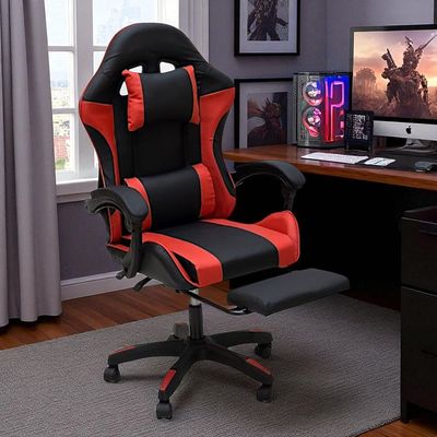SBF Gaming Chair with Footrest – High Back PU Leather Ergonomic Office Desk Chair with Adjustable Height, Reclining Backrest, Headrest & Lumbar Support – Swivel Computer Gaming Chair, Red Black
