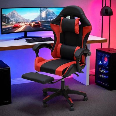 SBF Gaming Chair with Footrest – High Back PU Leather Ergonomic Office Desk Chair with Adjustable Height, Reclining Backrest, Headrest & Lumbar Support – Swivel Computer Gaming Chair, Red Black