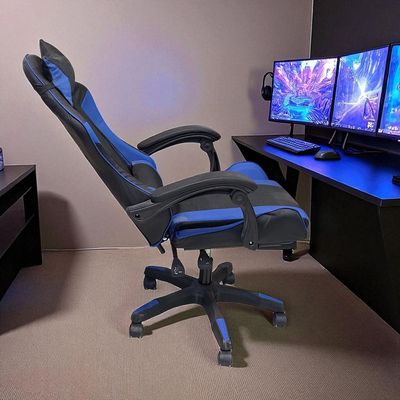 SBF Gaming Chair with Footrest – High Back PU Leather Ergonomic Office Desk Chair with Adjustable Height, Reclining Backrest, Headrest & Lumbar Support – Swivel Computer Gaming Chair, Blue Black