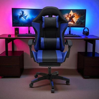 SBF Gaming Chair with Footrest – High Back PU Leather Ergonomic Office Desk Chair with Adjustable Height, Reclining Backrest, Headrest & Lumbar Support – Swivel Computer Gaming Chair, Blue Black