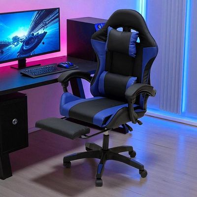 SBF Gaming Chair with Footrest – High Back PU Leather Ergonomic Office Desk Chair with Adjustable Height, Reclining Backrest, Headrest & Lumbar Support – Swivel Computer Gaming Chair, Blue Black