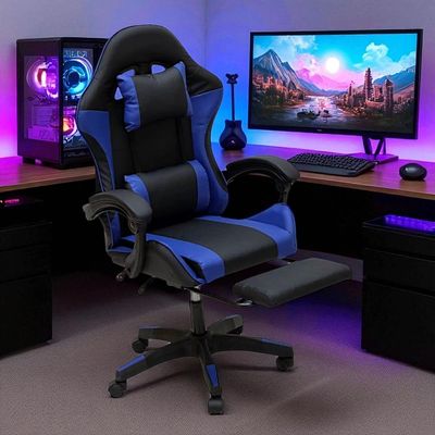 SBF Gaming Chair with Footrest – High Back PU Leather Ergonomic Office Desk Chair with Adjustable Height, Reclining Backrest, Headrest & Lumbar Support – Swivel Computer Gaming Chair, Blue Black