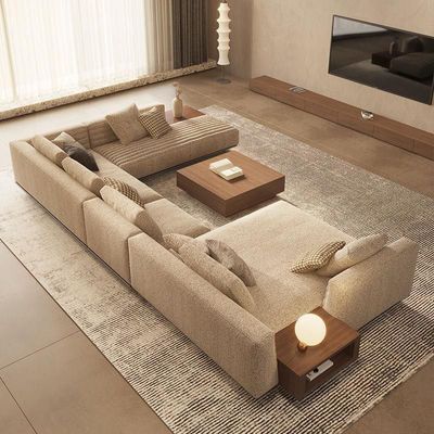 Modern U-Shaped Modular Sectional Sofa in Neutral Tones Fabric with Wooden Accents - Right Side