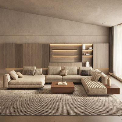 Modern U-Shaped Modular Sectional Sofa in Neutral Tones Fabric with Wooden Accents - Right Side