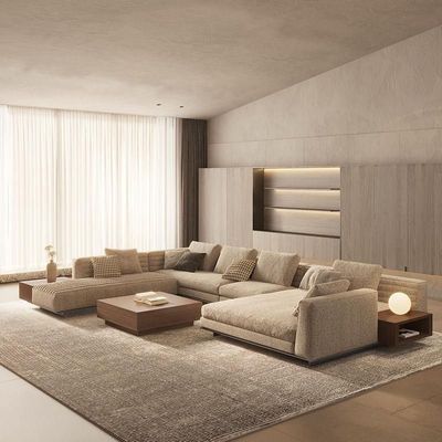 Modern U-Shaped Modular Sectional Sofa in Neutral Tones Fabric with Wooden Accents - Left Side
