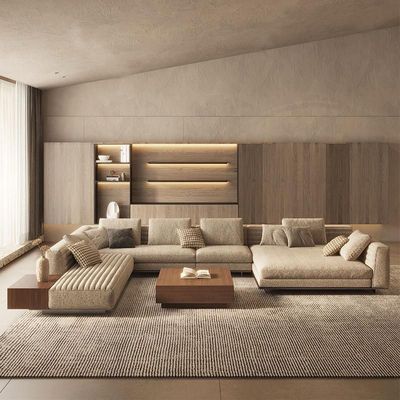 Modern U-Shaped Modular Sectional Sofa in Neutral Tones Fabric with Wooden Accents - Left Side