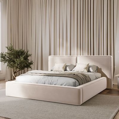 Maple Home Velvet Bed Frame Stylish Upholstered Design for Modern & Classic Bedrooms (Beige Queen Size 160*200cm) - 6 Months Warranty