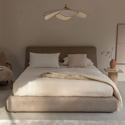 Maple Home Upholstered Bed Frame Luxe Textured Fabric Bed for Modern Bedrooms (Light Brown  King Size 180*200cm) - 6 Months Warranty