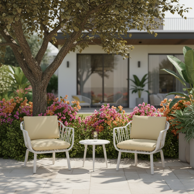 Aria 2-Seater Outdoor Bistro Set – Beige | Modern Rattan Design, Weather-Resistant Patio & Balcony Furniture | Polypropylene Frame with Cushions | Includes 2 Chairs & Coffee Table