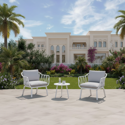 Aria 2-Seater Outdoor Bistro Set – Grey | Modern Rattan Design, Weather-Resistant Patio & Balcony Furniture | Polypropylene Frame with Cushions | Includes 2 Chairs & Coffee Table