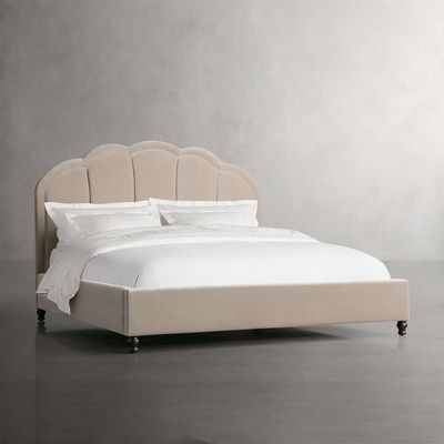 Scalloped Velvet Bed Frame Upholstered Wood Frame Bed Premium Bedroom Furniture Beige (Queen Size 160*200cm)