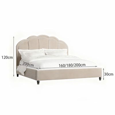 Scalloped Velvet Bed Frame Upholstered Wood Frame Bed Premium Bedroom Furniture Beige (King Size 180*200cm)