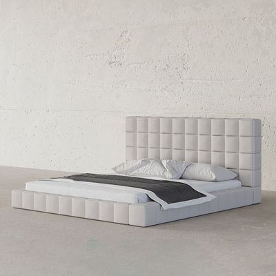 Luxury Off-White Velvet Bed Frame Tufted Platform Mid-Century Modern Upholstered Bed for Bedroom(King Size 180*200cm)
