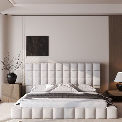 Luxury Off-White Velvet Bed Frame Tufted Platform Mid-Century Modern Upholstered Bed for Bedroom(Super King Size 200*200cm)
