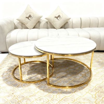 2-Piece Nesting Coffee Table Set, White Marble Pattern Coffee Tables, Luxury Space-Saving Center Table for Living Room