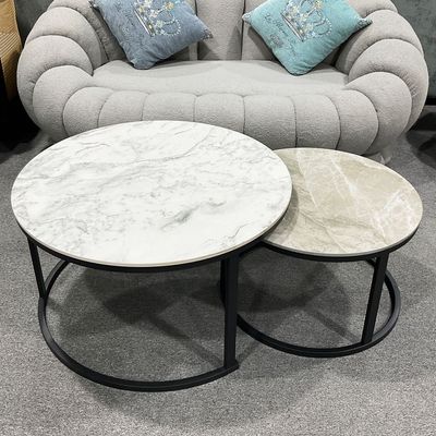 2-Piece Nesting Coffee Table Set, White-Gray Marble Pattern Coffee Tables, Space-Saving Modern Center Table for Living Room