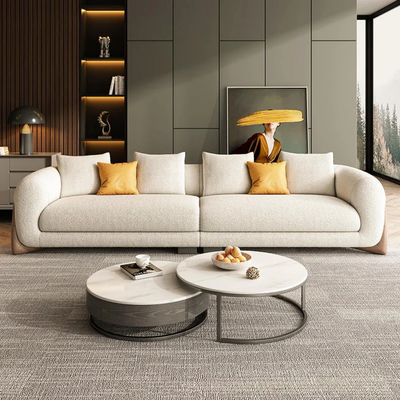 Luxury Living Room 3-Seater Sofa in Plush Fleece and Wooden Accents - Off White - 250 cm