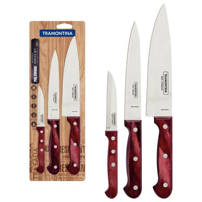 3-Piece Knives Set With Stainless Steel Blades And Treated Red Polywood Handles