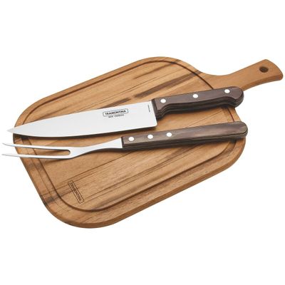 3-Piece Stainless-Steel Barbecue Kit With Brown Polywood Handles And Wood Cutting Board