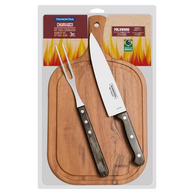 3-Piece Stainless-Steel Barbecue Kit With Brown Polywood Handles And Wood Cutting Board