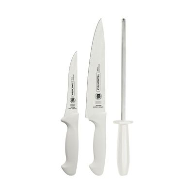 Premium Stainless Steel Knife Set With White Polypropylene Handles And Honing Rod 3 Piece